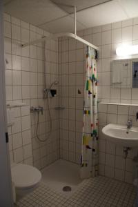 a bathroom with a shower and a toilet and a sink at Seminarhotel Jakobsberg in Grünberg