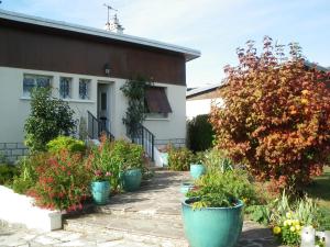 a garden in front of a house with pots of plants at Chambre d'Hôtes - DOUCE NUI-THE in Vernouillet