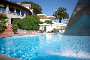 ein Schwimmbad mit Springbrunnen vor einem Gebäude in der Unterkunft Hotel Gallo Nero in SantʼAndrea