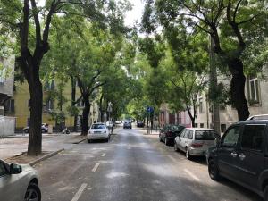 una calle con coches aparcados al lado de una carretera con árboles en Kincsem Budapest Apartman, en Budapest