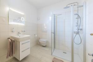 ein Bad mit einer Dusche, einem Waschbecken und einem WC in der Unterkunft Harzer-Bachtaeler in Benneckenstein