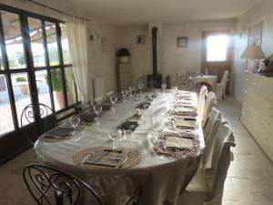 a long table with white table cloth and wine glasses at Mas Bastide st Victor à 5 mn de Lourmarin in Puyvert +28 photos