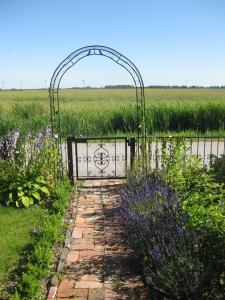 a garden with a gate and a brick path with purple flowers at Campen Cottage in Krummhörn