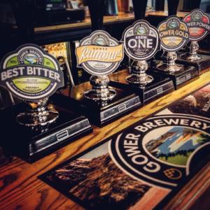 a group of beer awards on a counter in a pub at King's Head Inn in Llangennith