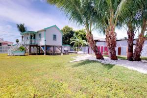 a house with palm trees in front of a yard at Casa DV Cabanas in Caye Caulker