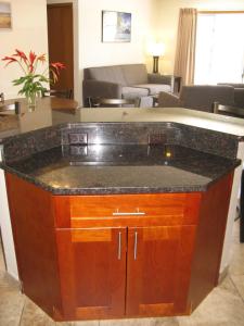 uma cozinha com um balcão de granito numa sala de estar em Put-in-Bay Poolview Condo #8 em Put-in-Bay