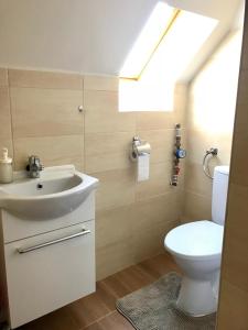 a bathroom with a sink and a toilet with a skylight at Rudolf Apartment in Budapest