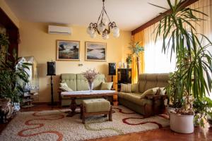 a living room with a couch and a table and plants at Apartmani La Sa in Osijek