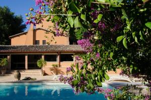 una casa con piscina e fiori viola di Appartamento Il Giglio a Spoleto