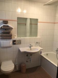 a bathroom with a sink and a toilet and a mirror at Hotel Eintracht in Oberbipp