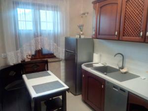 a kitchen with a sink and a refrigerator at Apartamenty Pod Magnolią in Białowieża