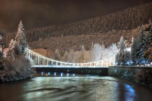 a bridge over a river at night with christmas lights at Paata's Guesthouse in Borjomi