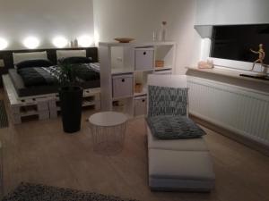 sala de estar con sofá y TV en Ferien-Appartement Goldhausen, en Goldhausen