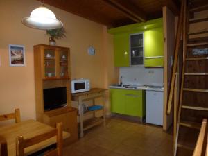 プラ・デ・ラ・エルミータにあるApartament Vall de Boi Taullの小さなキッチン(緑のキャビネット、電子レンジ付)
