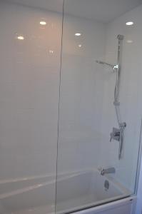 a shower with a glass door and a sink at Le Studio Picasso "parking inclus" in Quebec City