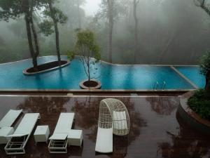 Elixir Hills Suites Resort and Spa في مونار: مسبح تحت المطر مع كراسي وشجرة