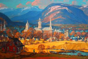a painting of a city with mountains in the background at Hotel Baie Saint Paul in Baie-Saint-Paul