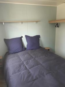 コンドリューにあるmobilhom herveの大型ベッド(紫色の枕付)が備わるベッドルームです。