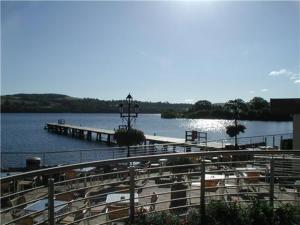 a dock with a bunch of animals on the water at Duck Bay Hotel & Restaurant in Balloch