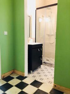 a green bathroom with a sink and a shower at SanJose27 in Palos de la Frontera