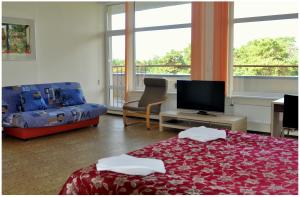a bedroom with a bed and a tv and a couch at Palangos Dailė in Palanga