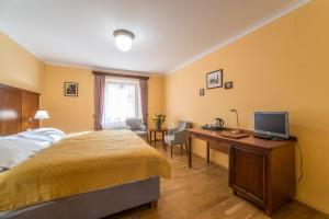 a bedroom with a bed and a desk with a television at Hotel Cerny Slon in Prague