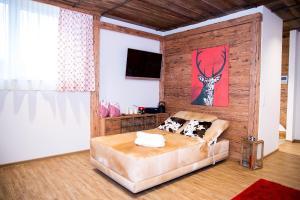 a living room with a couch and a red painting on the wall at Plus Punkt Private Spa in Weingarten