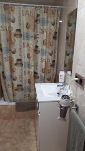 a bathroom with a sink and a shower curtain at Casa Pueblo Alzira No Compartida in Alzira