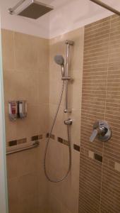 a shower with a shower head in a bathroom at Aterman Apartment's in Şinca Veche
