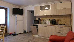 a kitchen with wooden cabinets and a white refrigerator at Aterman Apartment's in Şinca Veche