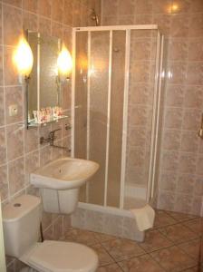 een badkamer met een douche, een toilet en een wastafel bij Hotel Kaukaska in Wolsztyn