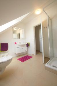 a bathroom with a toilet and a sink and a shower at Ferienwohnung Feldblick in Grömitz