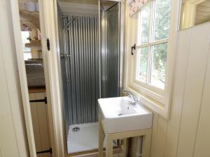 a bathroom with a sink and a shower at Hannah's Hide in Bowness-on-Solway