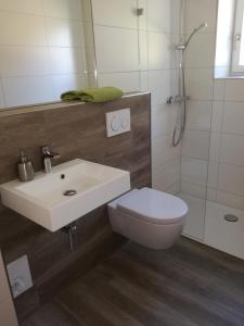 a bathroom with a sink and a toilet and a shower at Haus Ella - Ferienhaus auf dem Land vor den Toren Salzburgs in Petting