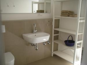 a bathroom with a sink and a toilet and shelves at Studio3 in Eisenach