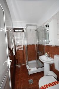 a bathroom with a shower and a toilet and a sink at Pensiunea Ruxi in Curtea de Argeş