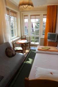a room with two beds and a tv and windows at Willa Jasna in Czorsztyn