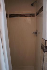 a shower in a bathroom with the door open at Budget Inn in El Cerrito