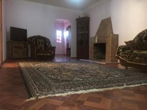 Мзетамзе 59 في بورجومي: غرفة معيشة مع سجادة ومدفأة