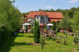 a house with a yard with a table and chairs at PENSIUNE RESTAURANT POIANA AVRIGULUI loc de joaca pentru copii in Avrig