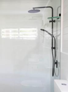 a shower with a glass door in a bathroom at mist at Cape Tribulation in Cape Tribulation