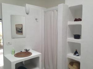 a white bathroom with a sink and a shower at Patio II studio at finca in La Asomada