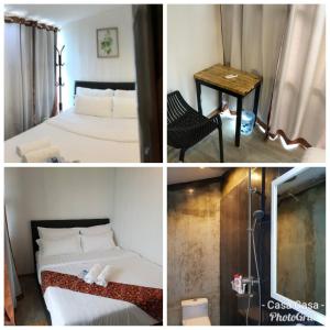 three pictures of a hotel room with a bed and a table at The Wharf in Semporna