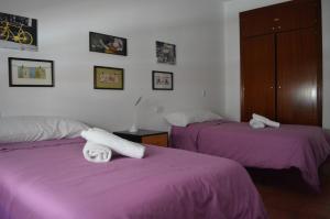 ベルモンテにあるcasa turの紫色のシーツとタオルが備わる客室内のベッド2台