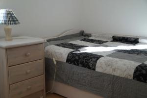 ein Schlafzimmer mit einem Bett mit einer Kommode und einer Lampe in der Unterkunft Ferienhof Kai Hansen in Rettin