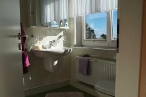 ein Bad mit einem Waschbecken, einem WC und einem Fenster in der Unterkunft Ferienhof Kai Hansen in Rettin