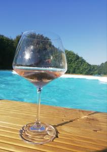 a glass of wine sitting on a table next to the water at Maison Du Cheval in Chalais