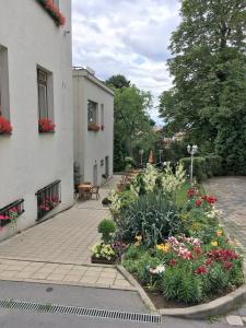 un jardín de flores frente a un edificio en Pension Jana - Domov Mládeže, en Praga