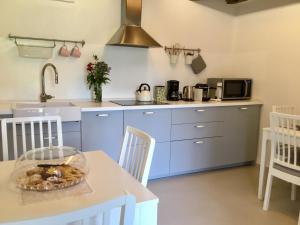 a kitchen with blue cabinets and a table with chairs at La Pergola B&B in Cesena