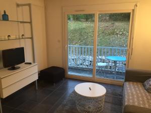 a living room with a couch and a tv and a window at Pause Detente Sur La Port Du Bourget Du Lac in Le Bourget-du-Lac